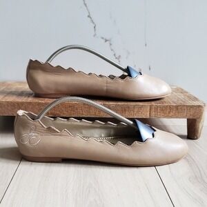 Sam Edelman Nude Leather Scalloped Ballet Flats with Blue Bow